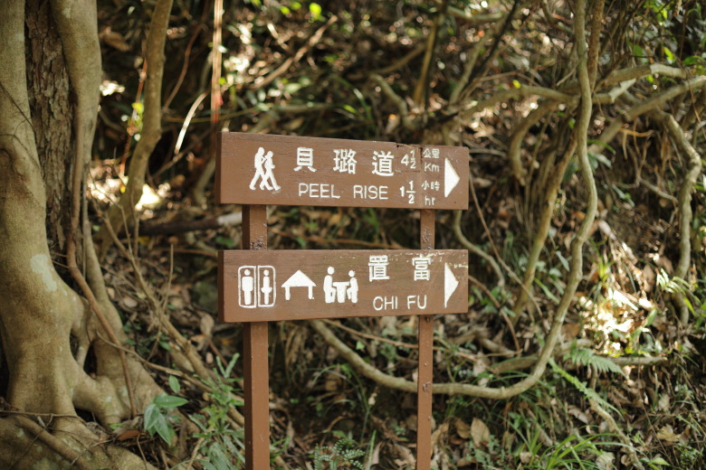 Signs 'Peel Rise' and 'Chi Fu'